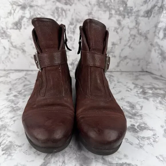 Miz Mooz Womens Siggy Bucket Ankle Boots Size 38/8 Merlot Brown Leather Side Zip